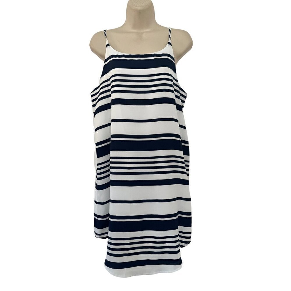 BB Dakota Women's Sz S Navy & White Striped Riley Crepe Dress Spaghetti Straps - Picture 2 of 8